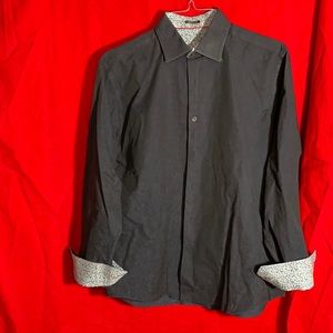 Bugatchi Uomo Mens Flip Cuff Button Dress Shirt Dark Blue Cotton Paisley sz Lg